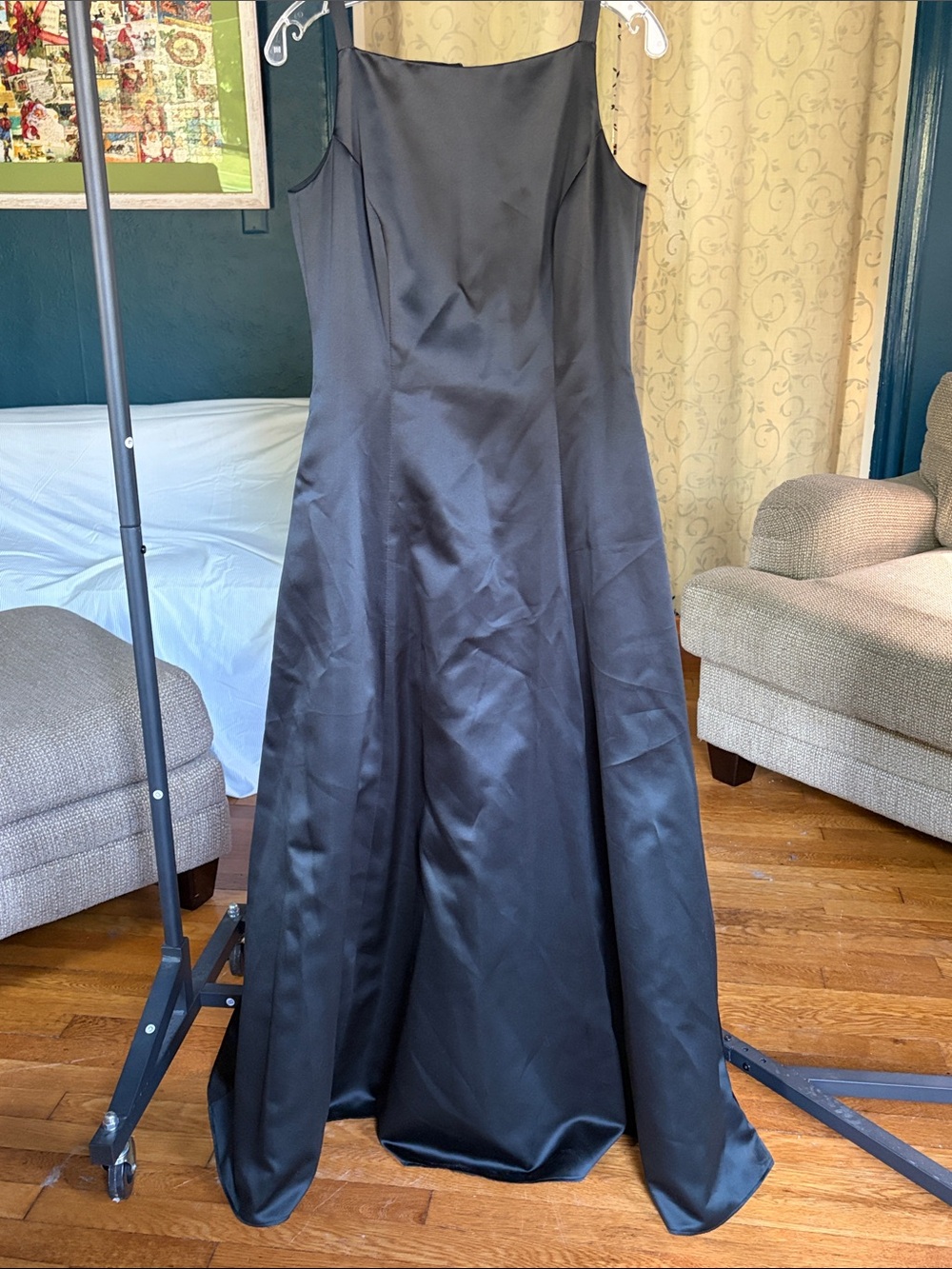 Elegant Black Satin Maxi Dress with Slim Straps